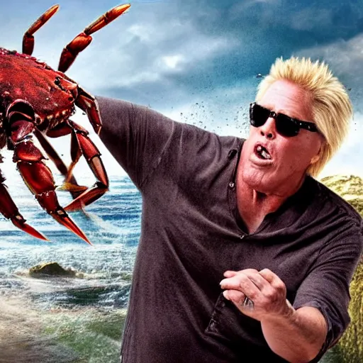 Image similar to stunning award winning hyperrealistic hdr 8 k highly detailed photo of garry busey fighting a giant humanoid crab