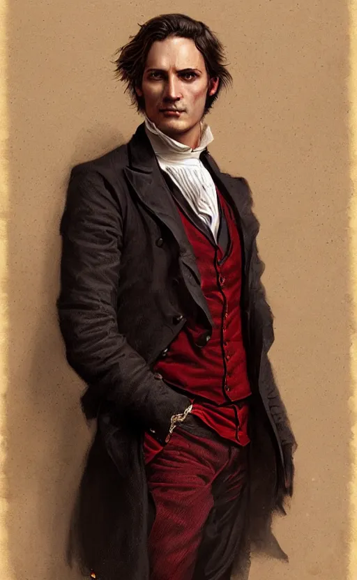 Prompt: portrait of a middle aged victorian aristocrat, dark red waistcoat, male, detailed face, victorian, highly detailed, cinematic lighting, digital art painting by greg rutkowski