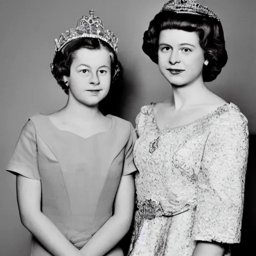 Image similar to A portrait photo of queen elizabeth teams up with a teenage queen elizabeth, perfect faces, 50 mm, award winning photography