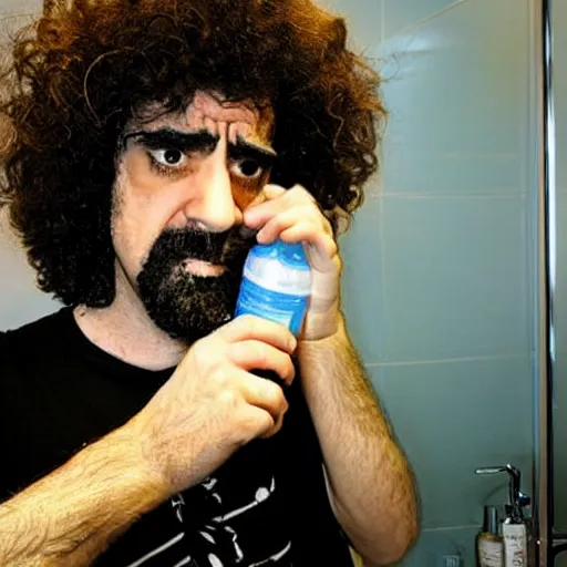 Image similar to caparezza in bis bathroom drinking bleach, reporter photo, realistic, funny