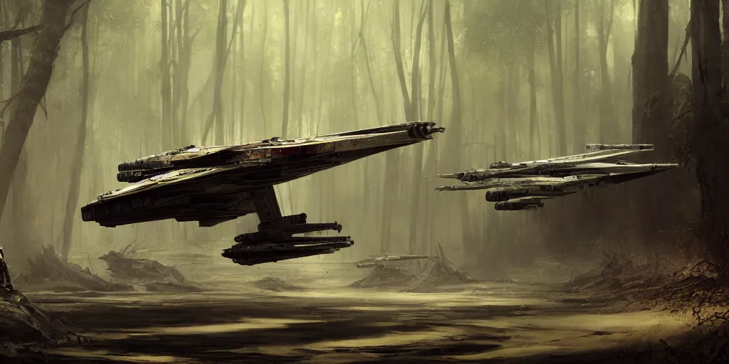 Image similar to a painting of a cinematic keyframe of star wars a destroyed x - wing fighter in dagobah's forest, heavy atmosphere and smoke by greg rutkowski, rule of thirds, golden ratio, ambient lighting, wlop, artgerm, artstation, highly detailed masterpiece, dark fantasy art, high detail, trending on artstation