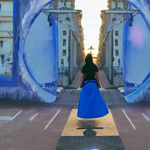 Image similar to a woman facing an portal on the street. the street leads dozen a city. the portal is oval, upright and surrounded by blue energy. the portal leads to a beach at sunset