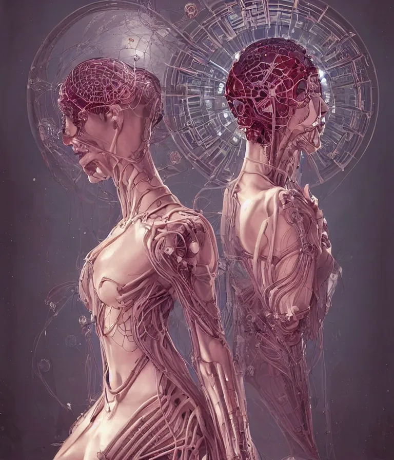 Image similar to fully symmetrical centered portrait of a beautiful princess in robe. artificial muscles, ribcage, bones, hard surface modelling. cyberpunk look. biomechanical mask. bio luminescent biomechanical halo around head. jellyfish. artwork by jarold Sng by artgerm, by Eddie Mendoza, by Peter mohrbacher by tooth wu by alfons mucha, unreal engine, octane render, cinematic light, iridescent details, iridescent colors, dichroic, macro, depth of field, blur