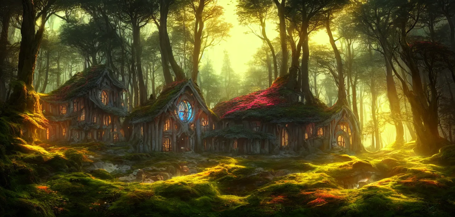 Prompt: random mystic forest house landscape, big round glowing multicoloured portal house, central symmetrical composition, incredible, vector art, octane render, fabulous, hyper detailed, random cinematic view, no noise, global illumination, warm lighting, volumetric, godrays, vivid, beautiful, by jordan grimmer