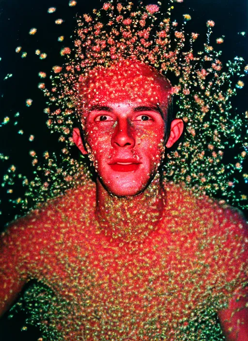 Prompt: realistic photo of a blurred face of an gay man, covered in shriveling dead coral reef, emitting aura, dancing in a gay night club circuit party with a spotlight shining on him 1 9 6 0, life magazine photo, natural colors, metropolitan museum, kodak, 8 k, very detailed, high resolution, product photo,