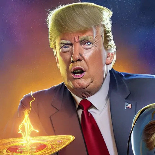 Prompt: Three quarters portrait of Donald Trump as a Wizard casting a spell, highly detailed, digital painting, art by Stanley Lau and Artgerm and magali villeneuve and Alphonse Mucha, artstation, octane render, cgsociety