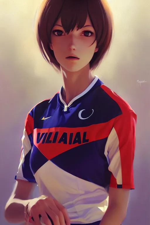 Image similar to A ultradetailed beautiful panting of a stylish woman wearing a volleyball jersey, Oil painting, by Ilya Kuvshinov, Greg Rutkowski and Makoto Shinkai