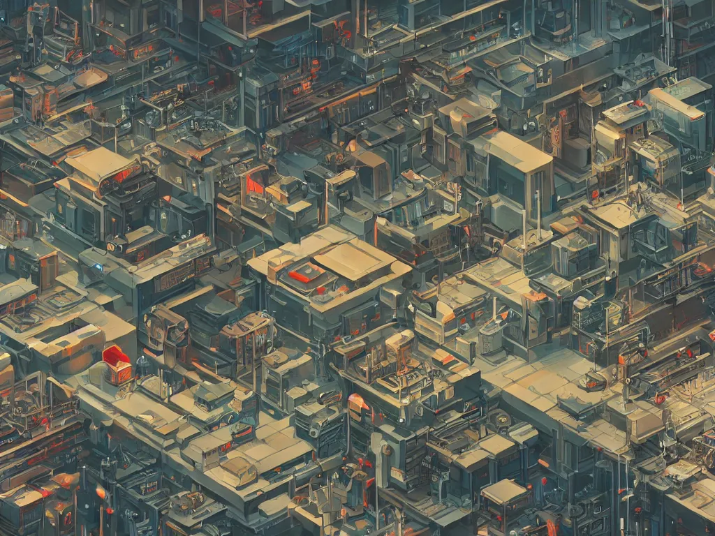 Prompt: isometric view of a cyberpunk factory filled with drone workers, busy, grimy, gritty, blade runner 2 0 4 9, trending on artstation, award winning painting