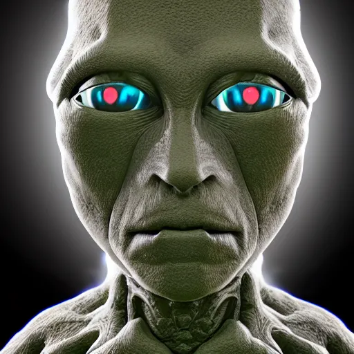 Image similar to a fractal alien humanoid with ten eyeballs, translucent skin, octane render, 4 k, 3 d, ultra realistic