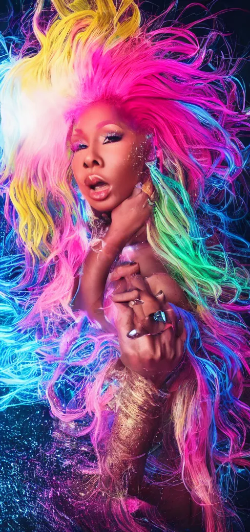 Image similar to nicki minaj is crawling on the floor, glowing hair, 8 k, cinematic light shadows, wet hdr refractions