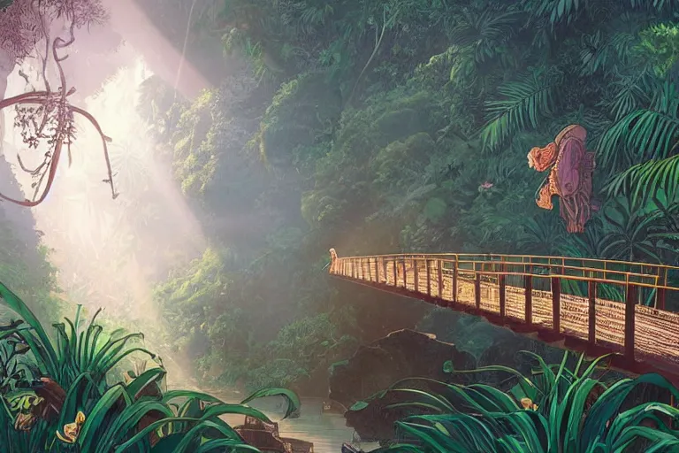 Image similar to a young indiana jones on a wooden bridge entering a vast jungle with a distant clearing, half hidden balinese monster statue, white parrots flying, banana trees, beautiful large flowers, god rays light. very graphic illustration by moebius and victo ngai, ghibli spirited away vibe, dynamic lighting, night mood
