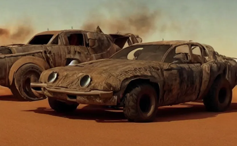 Image similar to mad max cars in a pixar movie
