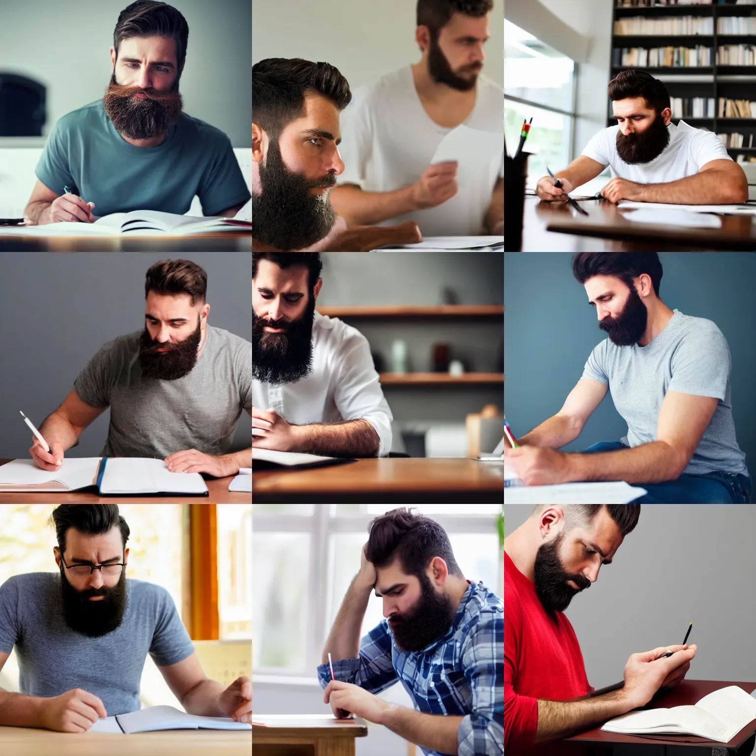Prompt: a strong bearded man studying for a test
