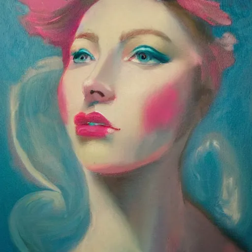 Image similar to romantic painted portrait of a modern woman. has a bit of cyan and pink. masterpiece