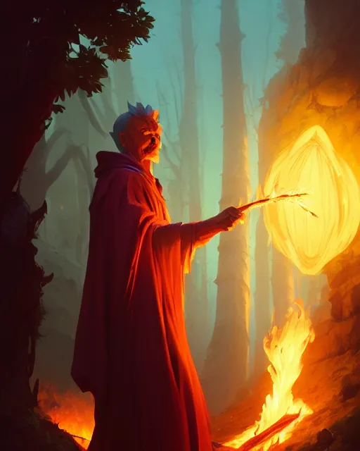 Image similar to highly detailed vfx portrait of an old mage casting a fire spell, unreal engine, greg rutkowski, loish, rhads, beeple, makoto shinkai and lois van baarle, ilya kuvshinov, rossdraws, tom bagshaw, alphonse mucha, global illumination, detailed and intricate environment