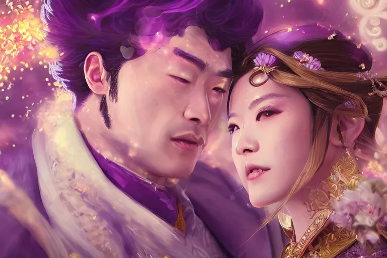 Image similar to a cinematic portrait of wedding photograph jpeg close up moment of a divine a japan sun god and moon goddess lovers magician at a wedding banquet. portraiture. digital painting. artstation. concept art. fantasy wedding photo. digital painting, 8 k realistic, hyper detailed, violet evergarden art masterpiece by art by krenz cushart