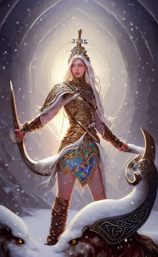 Image similar to opal viking warrior, regal, elegant, winter, snow, beautiful, stunning, hd, illustration, epic, d & d, fantasy, intricate, elegant, highly detailed, wide angle, digital painting, artstation, concept art, smooth, sharp focus, illustration, wallpaper, art by artgerm and greg rutkowski and alphonse mucha and jin xiaodi