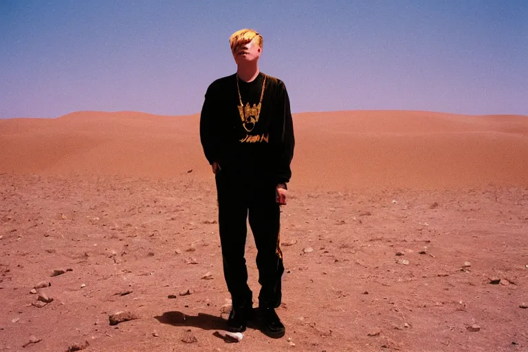 Prompt: Golden statue of Yung Lean in the middle of the Gobi Desert, award-winning photo, 35mm film