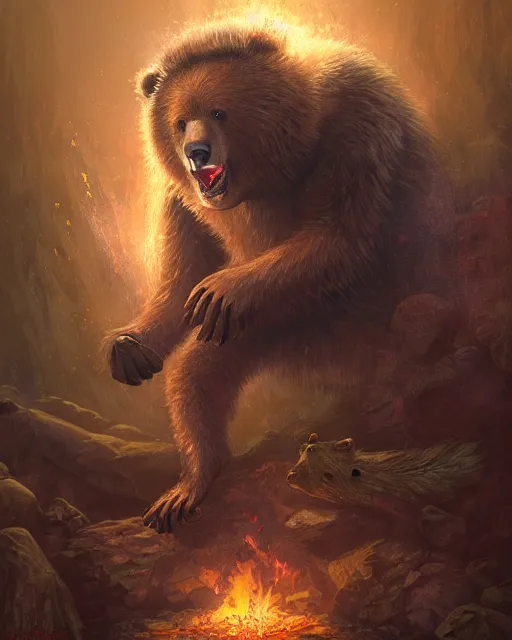 Image similar to Laughing Bear Musician, Fireplace, magic the gathering artwork, D&D, fantasy, cinematic lighting, centered, symmetrical, highly detailed, digital painting, artstation, concept art, smooth, sharp focus, illustration, volumetric lighting, epic Composition, 8k, art by Akihiko Yoshida and Greg Rutkowski and Craig Mullins, oil painting, cgsociety