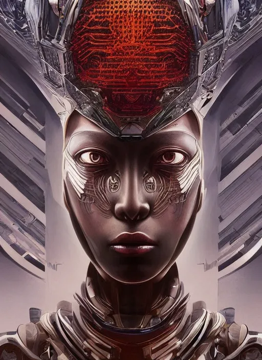 Image similar to beautiful portrait of an alien cyborg, style of Feng Zhu, Artstation geometric, aesthetic, big eyes, smooth skin, angelic, unique features, symmetrical, intricate crown, high fashion, streetwear, cyberpunk, detailed, octane render, cinematic, 8k, brown skin, retro sci fi film, Stanisław Szukalski + Moebius,