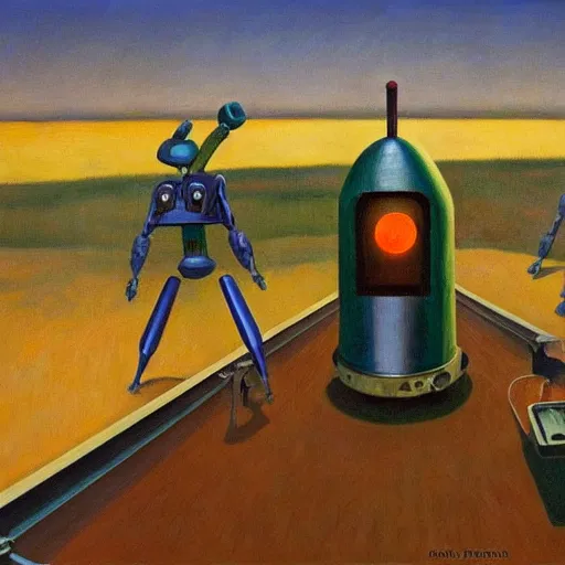 Image similar to battle robots in launch tubes, grant wood, pj crook, edward hopper, oil on canvas