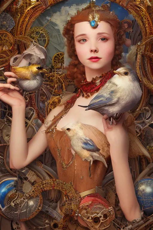 Prompt: zoom in 3 d render of english princess holding birds, ornaments, mechanical parts, mucha vibe, dieselpunk, solarpunk, artstation, andrei riabovitchev