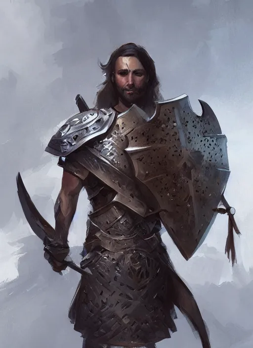 Image similar to portrait of character holding a paladin engraved longsword and carrying a big shield, concept art, by Greg Rutkowski