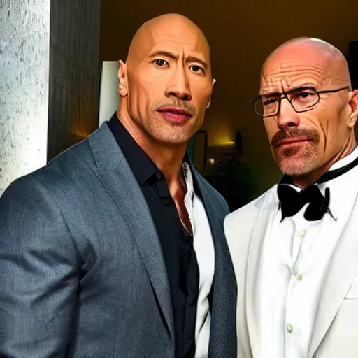 Image similar to Walter white and Dwayne the rock johnson working together