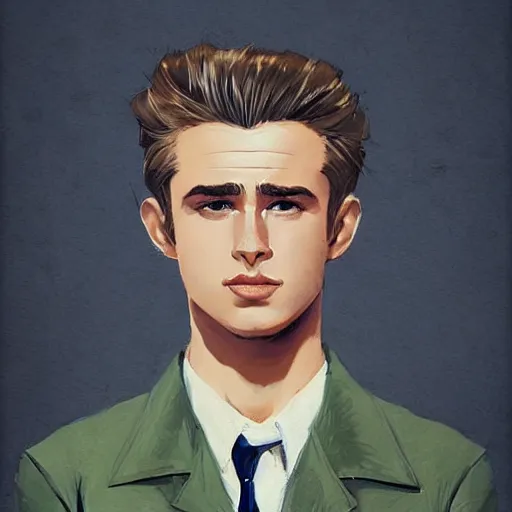 Image similar to a highly detailed epic cinematic concept art CG render digital painting artwork costume design: young James Dean as a neat perfect formal 1950s Soviet student in a school uniform. By Greg Rutkowski, Ilya Kuvshinov, WLOP, Stanley Artgerm Lau, Ruan Jia and Fenghua Zhong, trending on ArtStation, made in Maya, Blender and Photoshop, octane render, excellent composition, cinematic atmosphere, dynamic dramatic cinematic lighting, aesthetic, very inspirational, arthouse