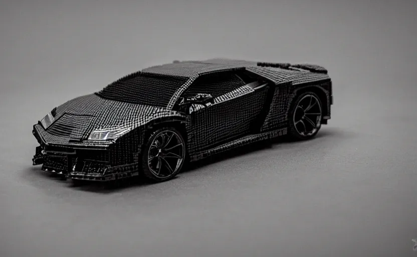 Prompt: black lego lamborghini. soft light. dark background. cinematic. intricate. close - up shot. highly detailed