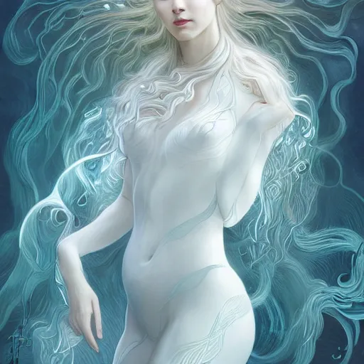 Image similar to a photograpic portrait of a anthropomorphic bioluminescent water wave wearing white clothes, fantasy, intricate, elegant, highly detailed, digital painting, artstation, concept art, smooth, sharp focus, illustration, art by artgerm and H R Giger and alphonse mucha