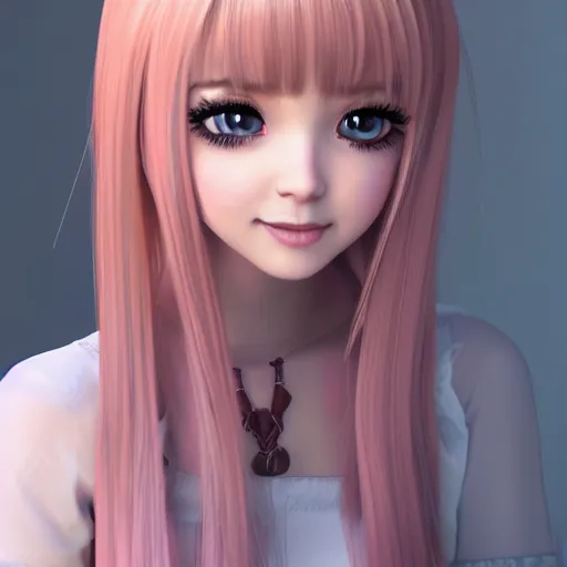 Image similar to Render of Nikki from Shining Nikki Dress-Up Game, a cute 3D young woman, long light pink hair, full bangs, full round face, hazel amber eyes, pale skin, cute freckles, light blush, Chinese heritage, smiling softly, wearing casual clothing, interior lighting, cozy home background, medium shot, mid-shot, hyperdetailed, trending on Artstation, Unreal Engine 4k