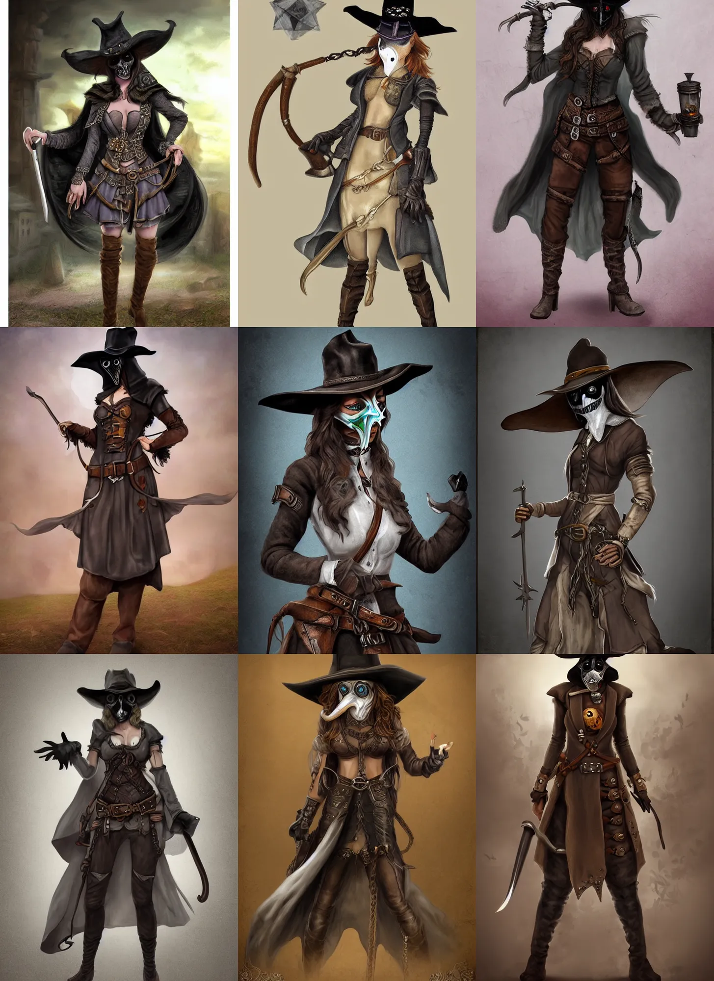 Prompt: d & d style cowgirl plague doctor with a beautiful face detailed clothing, full body concept, soft focus matte painting