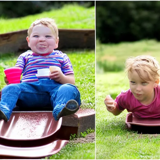 Image similar to adult sliding down chocolate pudding slide legs first, professional photo taken at the park