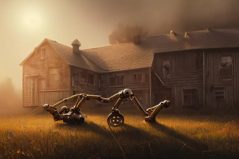 Prompt: a house with two mechanical legs looking like a human, rust, hyperrealistic, highly detailed, cinematic, single ray of sun, fog, beautiful, cgssociety, artstation, 8 k, oil painting