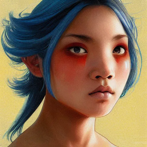 Image similar to filipino girl with blue - yellow hair and a nose band aid, metal bandaid in the nose, highly detailed, digital painting, artstation, concept art, smooth, sharp focus, illustration, art by artgerm and greg rutkowski and alphonse mucha