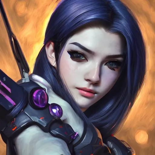 Image similar to detailed portrait of overwatch widowmaker intricate, hyper detailed, realistic, oil painting, cinematic lighting