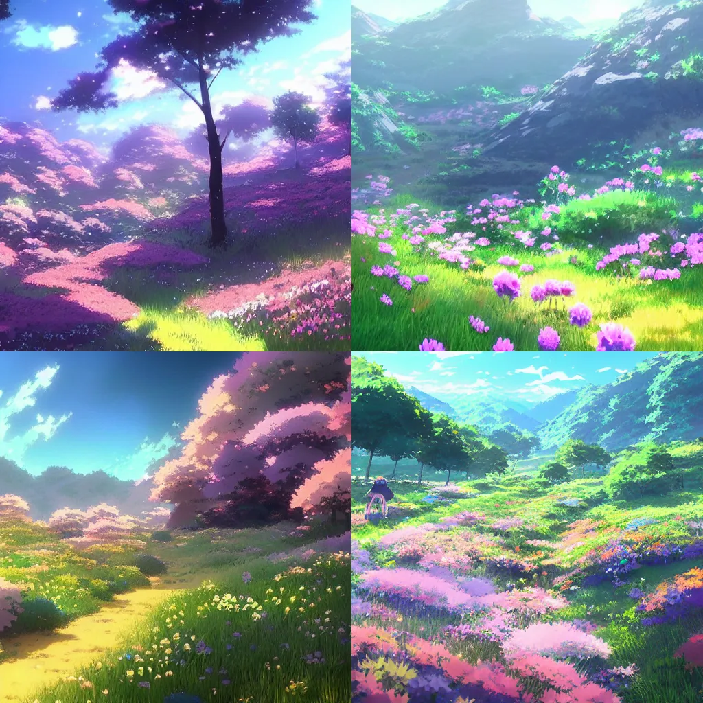 Prompt: valley full of flowers ， by makoto shinkai
