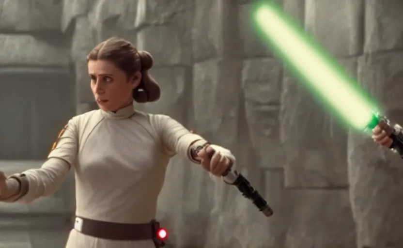 Image similar to screenshot portrait Leia learning to use a lightsaber at a new Jedi Temple scene from the last jedi, 1970s film by Stanley Kubrick, serene, iconic scene, stunning cinematography, hyper detailed, sharp, anamorphic lenses, kodak color film, 4k