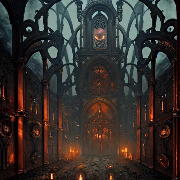 Image similar to steam necropolis, memento mori, gothic, neo - gothic, art nouveau, hyperdetailed copper patina medieval icon, stefan morrell, philippe druillet, ralph mcquarrie, concept art, steampunk, unreal engine, detailed intricate environment, octane render, moody atmospherics, volumetric lighting, ultrasharp, ominous, otherworldly