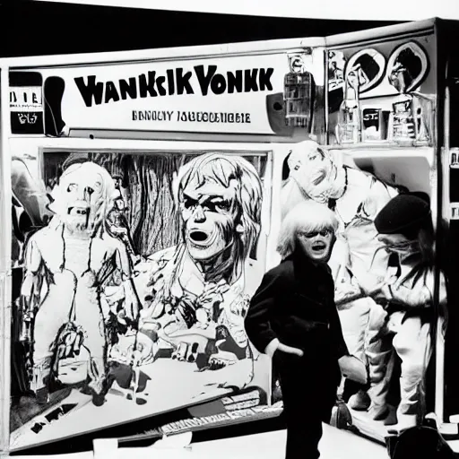 Prompt: andy warhol filming frankenstein in 1 9 7 0's, activity play centre, plastic, toy, butcher billy style