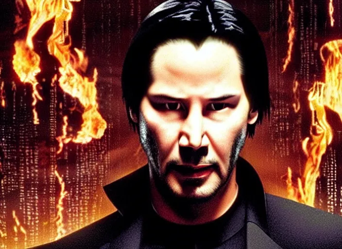 Image similar to A photo of Keanu Reeves as Neo in The Matrix movie doing a thumb up to the camera in front on burning servers, servers in flames in the background, doing a thumb up, The Matrix servers on fire, uncropped, full body, crispy, symmetrical face, ultra detailed, cinematic