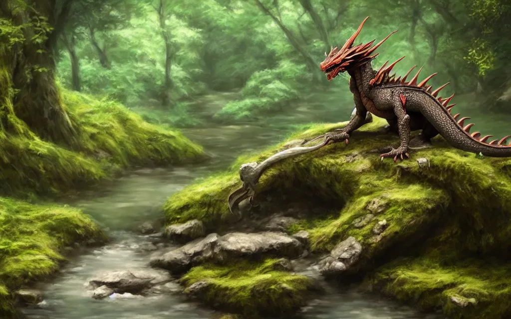 Image similar to A single dragon sitting on a rock within a woodland creek, highly detailed, trending on pixiv, realistic oil paint artwork made in 2020.