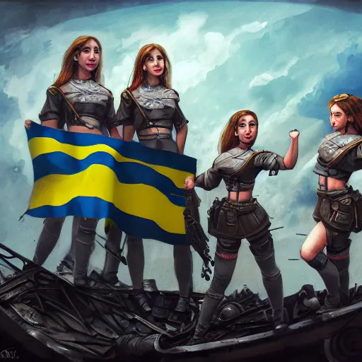 Image similar to ukrainian girls with ukrainian flag near big ruined warship, happy, concept art, trending on artstation, highly detailed, intricate, sharp focus, digital art, 8 k