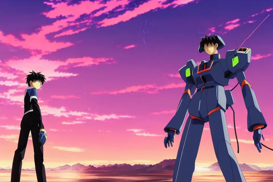 Image similar to anime illustration of ikari shinji and a black huge evangelion eva - 0 1 standing menacingly behind him on an empty highway at sunrise, cinematic lighting, evangelion anime poster, rebuild of evangelion 1 0 8 0 p, 9 0 s anime aesthetic, volumetric lights, rule of thirds, unreal engine render, pinterest wallpaper, trending on artstation