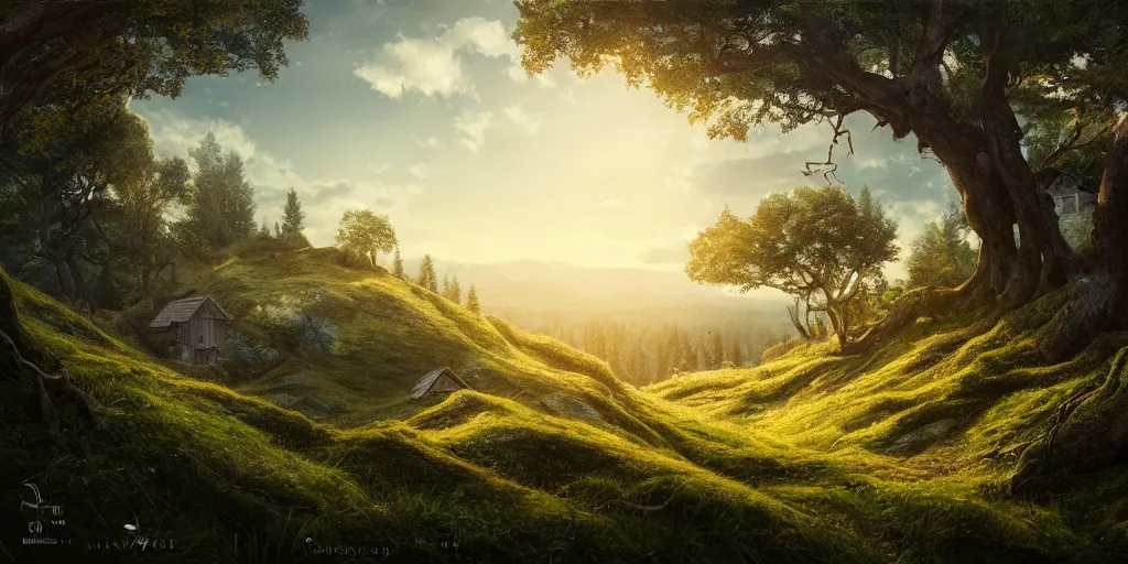 Image similar to beautiful landscape, home on the top of a hill surrounded by trees, natural lighting, 35mm photography, highly detailed, 8K, artgerm, cgsociety, warm lighting