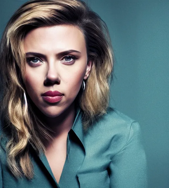 Image similar to portrait photo of Scarlett Johansson:: symmetric face, symmetric eyes, slight smile, photo by Annie Leibovitz, 85mm, teal studio backdrop, Getty images