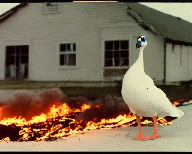 Prompt: a movie still from 'A Goose Set my House on Fire', 40mm tape, technicolour film, goose in foreground!!!!, housefire, letterboxing, widescreen
