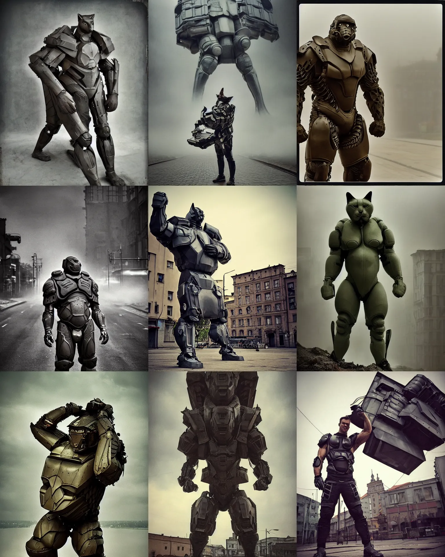 Prompt: epic pose!!! giant oversized muscular battle sci - fi futuristic body armor hulded anthropomorphic cat rugged hulked, in legnica, full body, cinematic focus, polaroid photo, vintage, neutral dull colors, soft lights, foggy mist, by oleg oprisco, by thomas peschak, by discovery channel, by victor enrich, by gregory crewdson