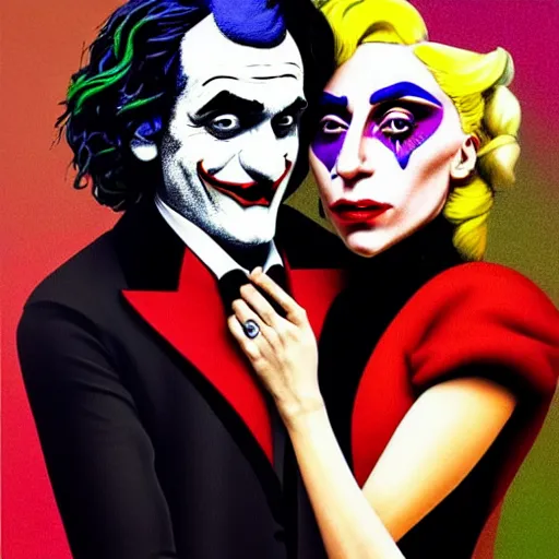 Image similar to ilya yefimovich repin and mimmo rottela and banksy as joaquin phoenix skinny joker, holding hand, lady gaga harley queen, ultra photorealistic, intricate details, pop art style, concept art, confident posse, justify content center, 2 colours, warm color, 4 k, ultra smooth, sharp focus